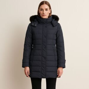 Beanpole Korean Designer Down Coat Navy Hooded Puffer Goose Down Filled, Small